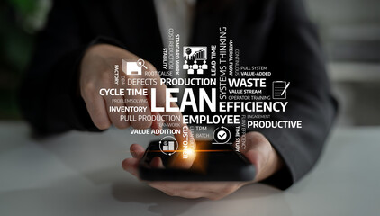 An individual uses a smartphone in a business setting with visual representations of lean management concepts, emphasizing efficiency, productivity, and team engagement. Tessel