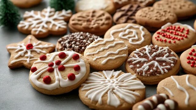 Festive holiday iced cookie assortment with decorative snowflake and star shapes cozy baked texture