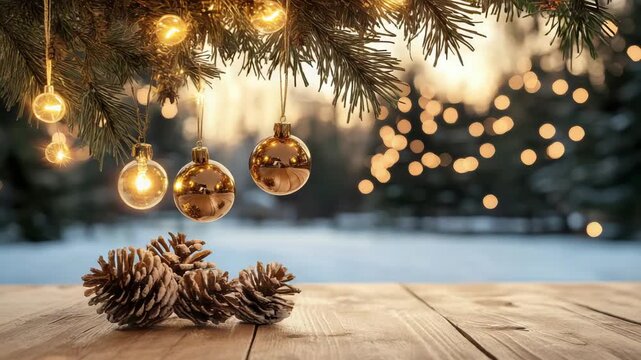 Golden Christmas ornament bauble pinecone evergreen with snow, warm bokeh lights pinecones