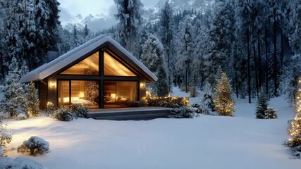 Cozy glass wooden cabin snowy forest with warm light christmas tree winter festive glowing - Powered by Adobe