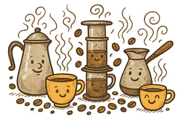 Coffee Brewing Doodle. Whimsical doodle of coffee brewing methods comparison with cheerful coffee cups, percolator, AeroPress, and
