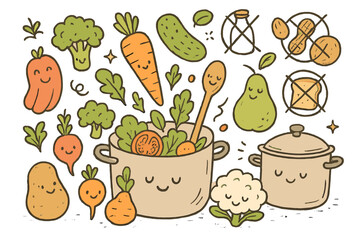 Smiling Kitchen Harmony. Whimsical doodle of cute vegetables, fruits, and cooking pots smiling as they avoid allergens and prepare