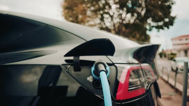 Close up view of a charging plug connected to a sleek black electric car