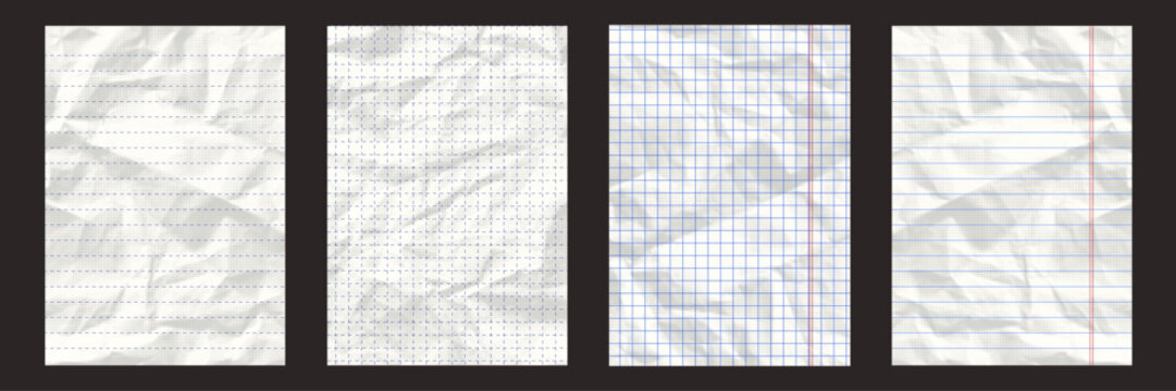 set of vector a4 format Crumpled notebook paper sheets. Realistic white, striped, grid wrinkled notepad sheets pages with shadow texture mock up.