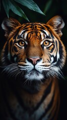 Fototapeta premium A majestic tiger gazes directly at the viewer with intense eyes, surrounded by lush green foliage in a dark, natural setting.