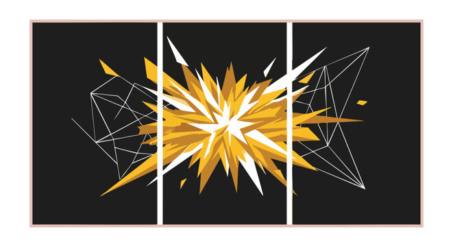 Dynamic abstract triptych displays sharp yellow and white geometric forms exploding from center on dark background, linear patterns, conveying modern energy.