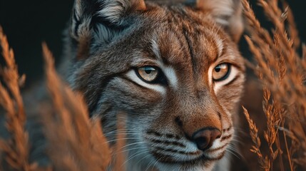 Obraz premium A close-up portrait of a lynx with striking eyes, surrounded by golden grass in a natural setting.
