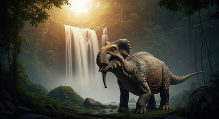 A pachyrhinosaurus stands in a lush, green jungle. A waterfall cascades behind the prehistoric animal. Sunlight shines through the dense foliage, creating a vibrant scene