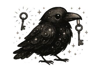 Obraz premium Sparkling Raven with Key. Adorable doodle raven perched gracefully holding a small shining key in its beak, feathers swirling with