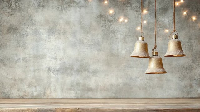 Golden bell ornament hanging with warm fairy light above rustic wooden tabletop cozy holiday