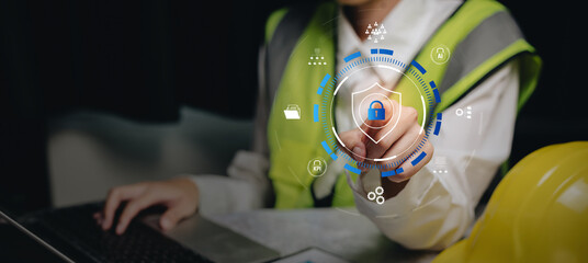 Cyber protection concept, worker pointing digital shield icon with system security workflow, data safety control, operational risk prevention, compliance assurance, workplace protection.