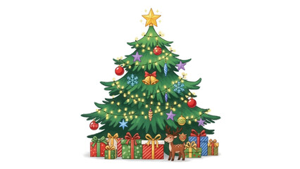 Stunningly decorated traditional Christmas tree sparkling with lights and surrounded by festive holiday gifts ready for celebration