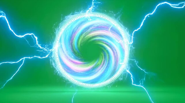 Mystical energy portal opening with bright blue light and swirling colorful vortex on green screen for chromakey.