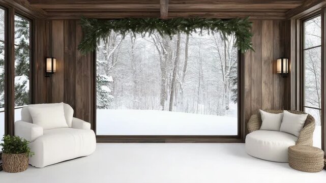 Cozy modern rustic living room with large window framing snowy forest view, winter landscape rustic