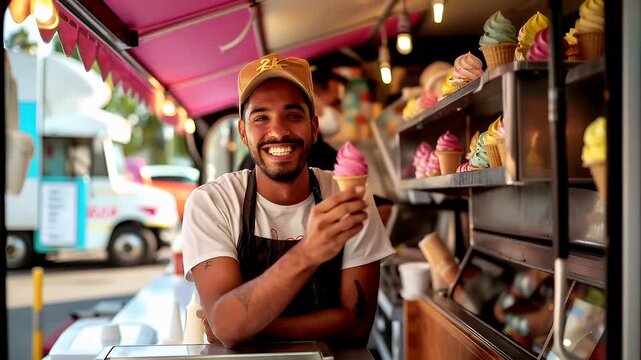 A candid shot of a man in an apron and hat at an outdoor event, possibly a food truck or ice cream parlor.