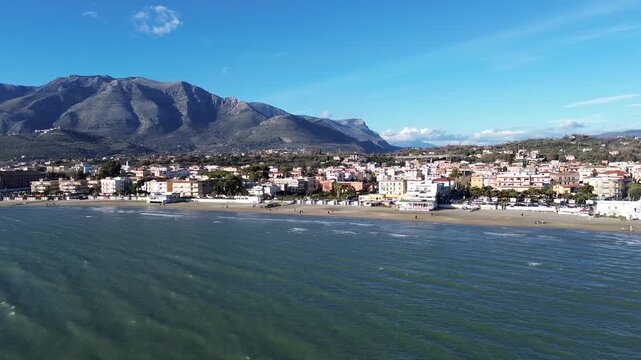 Aerial view of Scauri beach with abandoned old factory construction along the coast 2