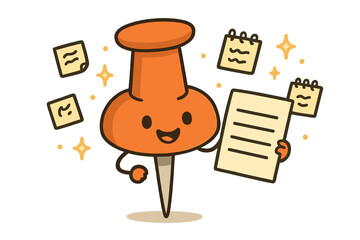 Thumbtack Shopping Fun. A cheerful thumbtack holding a shopping list, surrounded by tiny floating doodle notes and sparkles,