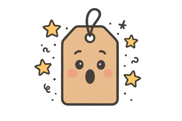 Surprise Gift Celebration. A gift tag with a happy &ldquo;surprise&rdquo; expression, surrounded by floating stars and tiny doodle confetti,