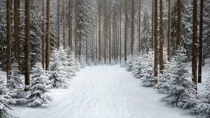 Snowy pine tree forest path with soft winter light serene evergreen clearing and frosted trunks - Powered by Adobe