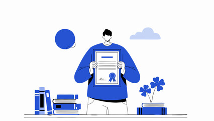 Abstract Illustration of a Person Holding a Certificate of Achievement with Books and Clouds in a Blue and White Palette