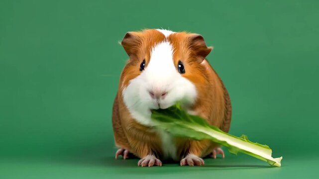 Guinea pig eating green vegetable on green background in a pet food chromakey concept