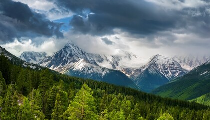 Snowcapped Mountains And Green Forests Under A Cloudy Sky