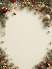 Festive Christmas Border with Pine, Ornaments, and Gold Accents Perfect for Holiday Cards and Decorations