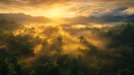 Misty sunrise over lush tropical rainforest mountains at dawn