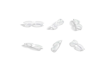 Blank white eye glasses lying mockup, different angles views