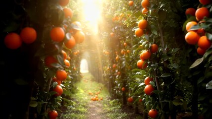 A closeup of an orange grove with sunlight filtering through the leaves, creating a bokeh effect. The oranges are vibrant and appear to be freshly picked.