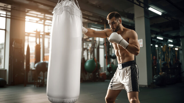 Blank white punching bag with man training mockup, ai generated - Powered by Adobe