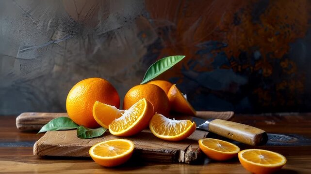 A still life photograph featuring a wooden cutting board with oranges and a knife. The oranges are depicted in various stages of ripeness, with some halved revealing their juicy interior.