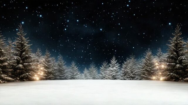 Snow fir forest night stars over snowy snowfield with soft glowing lights peaceful mood