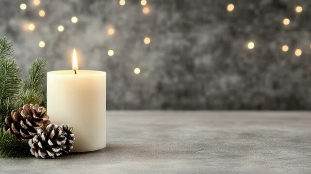 Warm white pillar candle with pine branch, pinecone and evergreen sprig textured table
