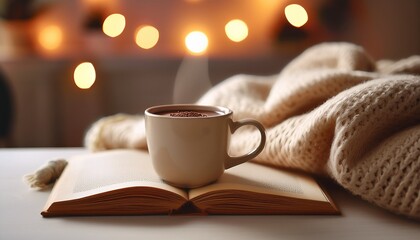 a warm cup of chocolate sits on a light colored surface beside a cozy blanket and an open book soft lights add a peaceful atmosphere to this serene indoor space copy space