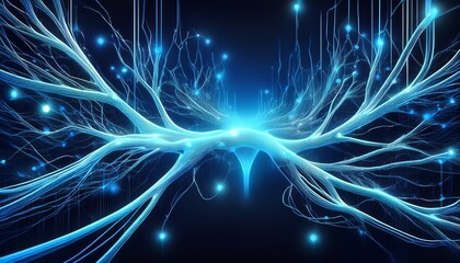 abstract representation of neural network with glowing blue lines and dark background design art