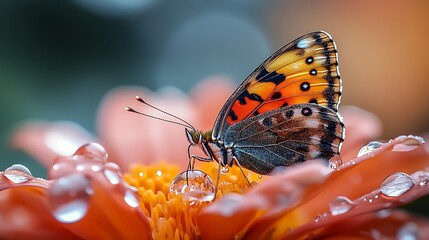 Macro shot of an orange and black butterfly with dewdrops on a flower