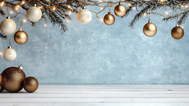 Golden and white Christmas ornament bauble on fir branch with string light and gold festive glow