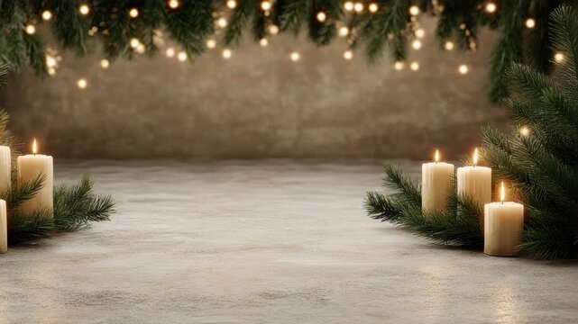 Warm candle evergreen arrangement with string light holiday pine garland warm light cozy glow