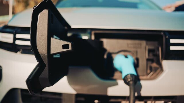 Close up shot of an electric vehicle charging port with cable connected