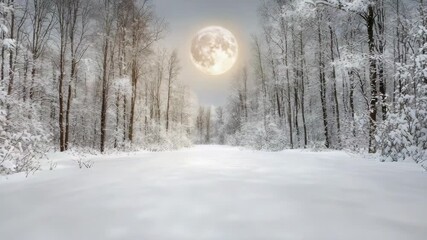 Snowy forest clearing under full moon glow with serene winter night and tranquil moonlit trees - Powered by Adobe