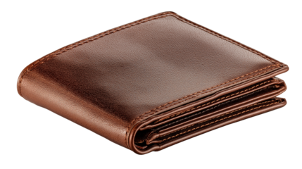 Brown leather wallet isolated on white background or transparent png, showing textured material, sleek design, compartments, and classic accessory style.