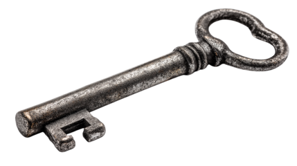 Old metal antique key isolated on white background or transparent png, showing vintage design, worn texture, and historical character.