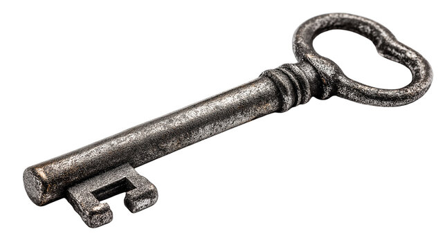 Old metal antique key isolated on white background or transparent png, showing vintage design, worn texture, and historical character.