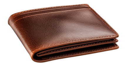 Brown leather wallet isolated on white background or transparent png, showing textured material, sleek design, compartments, and classic accessory style.