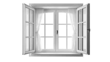 Open White Window with Curtains Isolated on Transparent Background, Classic Home Window Frame, Natural Light Concept, Interior Design Element, Realistic Architectural Detail for Modern Living Spaces