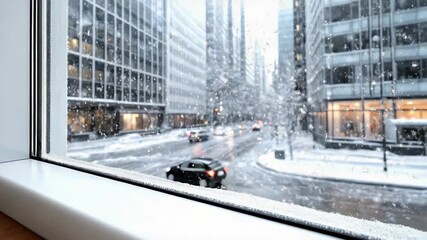 Snowy city street viewed through wet window with soft motion blur snow city street through frosted - Powered by Adobe