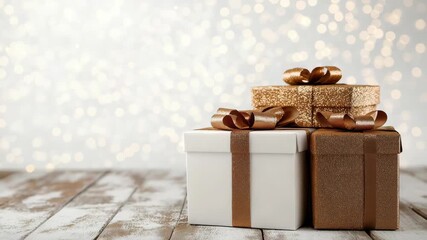 Elegant white and gold gift box ribboned present rustic wooden table with festive golden sparkle