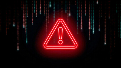 赤い警告アイコンがきらめき、デジタルコードの雨がさらさら流れるサイバー空間を表現。危機感と未来への強さや回復力を感じさせ、セキュリティ関連の広告