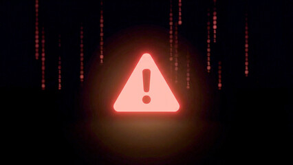 赤い警告アイコンがきらめき、デジタルコードの雨がさらさら流れるサイバー空間を表現。危機感と未来への強さや回復力を感じさせ、セキュリティ関連の広告